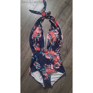 COCOSHIP Floral Plunge Haulter Open Back One Piece Swimsuit Women's Size Large